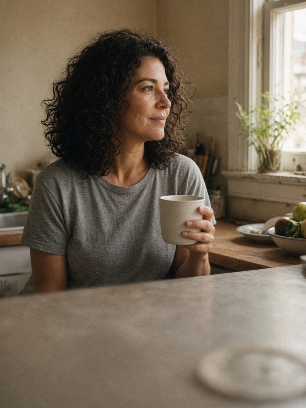 A woman with coffee at her kitchen counter
